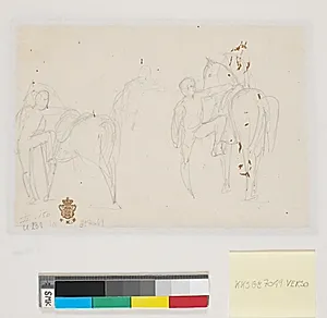 To blyantsstudier af rytter der er ved at stige til hest by Wilhelm Marstrand