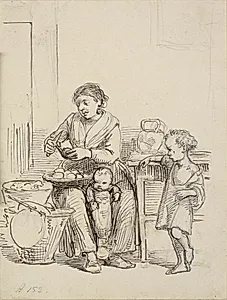 To børn og en kone skræller kartofler by Wilhelm Marstrand