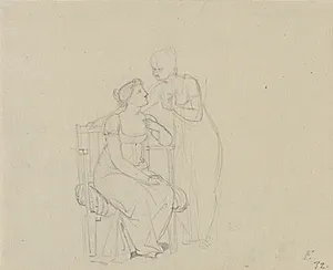 To damer der taler sammen, den ene sidder i en lænestol, den anden står bøjet over hende. by C.W. Eckersberg