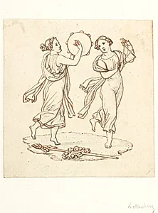 To dansende kvinder med tamburin og triangel, på jorden en thyrsosstav by C.W. Eckersberg