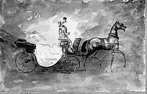 To elegante damer i åben vogn forspændt med én hest, to kuske på bukken by Constantin Guys