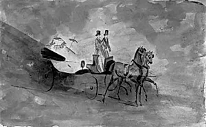 To elegante damer i åben vogn forspændt med to heste, med to kuske på bukken by Constantin Guys