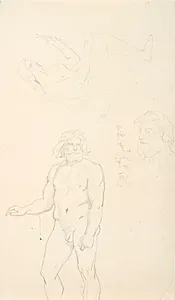 To figurstudier af stående nøgen mand og siddende nøgen kvinde. Desuden tre profilstudier by Lorenz Frølich