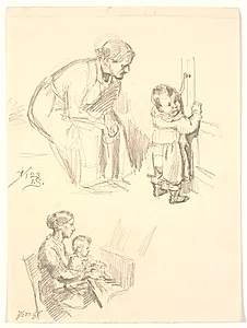 To figurstudier. Øverst en siddende kvinde som iagttager et barn ved en dør; nederst en kvinde med et banr ved klaveret by Joakim Skovgaard