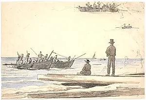 To fiskerbåde sejler ind mod Skagens strand by Martinus Rørbye