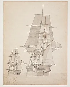 To franske krigsskibe by C.W. Eckersberg