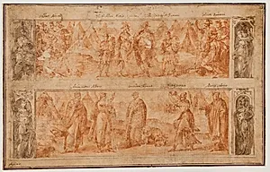 To friser, den ene over den anden, med scener fra Roms tidlige historie