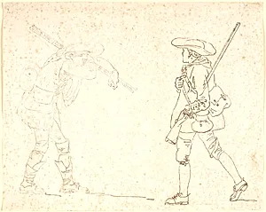 To gående mandsfigurer, den ene jægerklædt, den anden bærende et knippe stænger by Nicolai Abildgaard