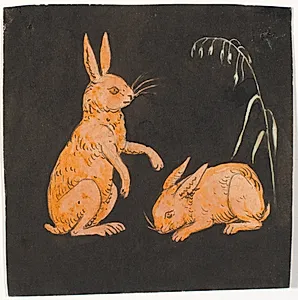 To harer (kaniner?) på sort baggrund. Dekorativt udkast. by P.C. Skovgaard
