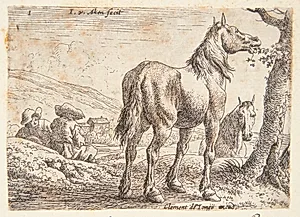 To heste, den ene spisende blade fra et træ, t.v. to siddende mænd by Jan van Aken