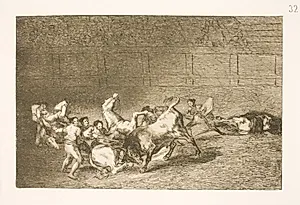 To hold picadorer bliver et efter et væltet omkuld af en enkelt tyr by Francisco de Goya