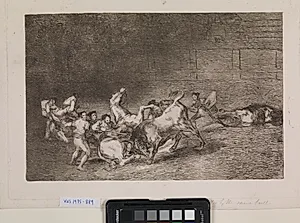 To hold picadorer bliver et efter et væltet omkuld af en enkelt tyr by Francisco de Goya