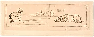 To hunde på en gade. I baggrunden en hestevogn og to gående by Johan Thomas Lundbye