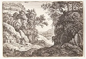 To hytter ved en landevej i et klippefuldt landskab by Anthonie Waterloo
