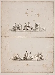 To illustrationer. Knælende kone og Amorin. Siddende dame med Amorin by Oluf Olufsen Bagge