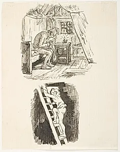 To Illustrationsudkast til H.C. Andersen, Pebersvendens nathue by Lorenz Frølich