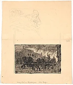 To illustrationsudkast til Sønderjyske Folkesagn, v. F.Ohrt. F.o. Hvor I mindst venter det og f.n. Kong Abel og rebslagerne by Niels Skovgaard
