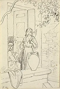 To italienerinder i en dør, den ene med en ten by Wilhelm Marstrand