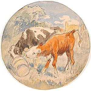 To kalve i det fri, slikkende en væltet mælkebøtte (udkast til keramisk fad) by Theodor Philipsen