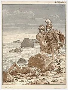 To krigere finder en mand opskyllet på stranden by Martinus Rørbye