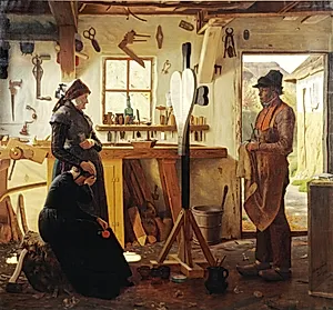 To kvinder besøger landsbykunstneren for at se det bestilte gravkors