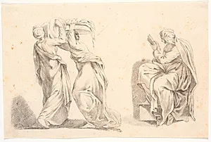 To kvinder i klassiske gevandter bærende en kurv samt en sibylle efter Michelangelo by C.A. Lorentzen