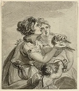 To kvinder og en amorin med duer i hænderne by Samuel Shelley