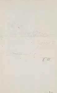 To landskabsudkast, øverst Genève, set fra Eaux Vives, nederst et bjerglandskab, samt fødderne af en spaserende herre by Jens Juel