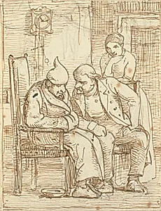 To mænd i samtale, den gamle t.v. med nathue. Desuden en kvinde by Wilhelm Marstrand