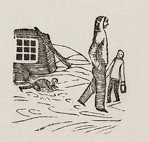 To mænd og et krybende væsen uden for en vinterbolig. Sagnmotiv? by Abraham