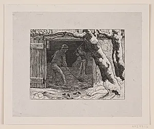To mænd plejler korn i en so ved vintertid by Waldemar Bøhme