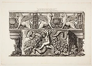 To marmorfriser, én med griffer, en anden med putto flankeret af frugtguilander by Giovanni Battista Piranesi