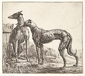 To mynder og en sovende hund by Simon de Vlieger