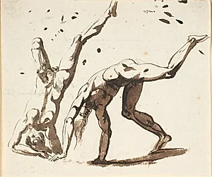 To nøgne mænd der slår vejrmøller, står på hovedet eller lignende by Nicolai Abildgaard
