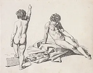 To nøgne småpiger, den ene siddende set forfra, den anden stående set bagfra by C.W. Eckersberg