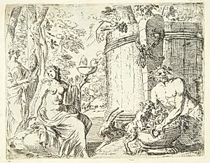 To nymfer og en satyr siddende ved et vinanker by Herman van Swanevelt