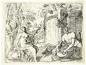 To nymfer og en satyr siddende ved et vinanker by Herman van Swanevelt