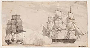To orlogsskibe i kamp (den engelske fregat Shannon og den amerikanske fregat Chesapeak?) by C.W. Eckersberg