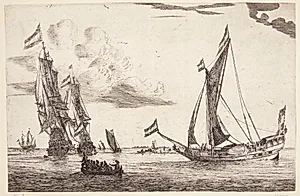To orlogsskibe og en jagt by Reinier Zeeman