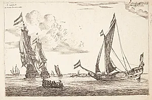 To orlogsskibe og en jagt by Reinier Zeeman