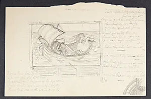 To personer i en jolle for sejl. Kompositionsudkast med dekoreret ramme by Agnes Slott-Møller