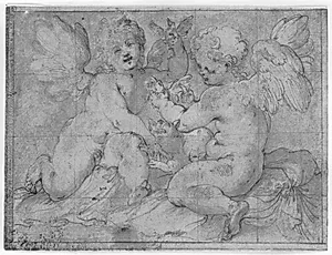 To putti, der leger med en kat og to fugle