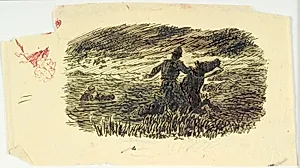 To ryttere, der rider op fra havet. Illustrationsudkast by Lorenz Frølich