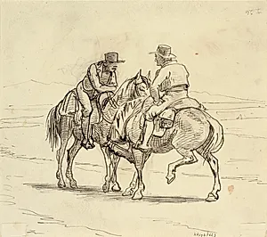 To ryttere konverserer hinanden i italiensk landskab by Wilhelm Marstrand
