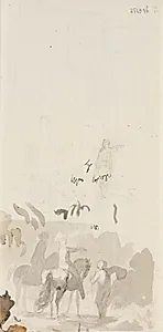 To ryttere og en stående mand med hatten i hånden. Samme motiv gentaget ovenfor i løs blyantsskitse by C.A. Lorentzen