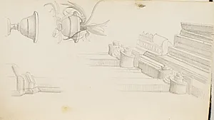 To sandstensvaser, den ene tom, den anden med en agarveplante. Gesims med profilering og pilastre med korintiske kapitæler by P.C. Skovgaard