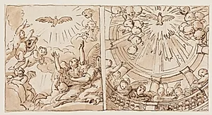 To scener med engle, der omgiver og tilbeder Helligåndsduen, der i det ene tilfælde daler ned mellem skyer, i det andet fra en kuppel, båret af søjler by Ubekendt
