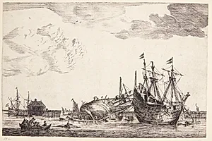 To skibe bag en bølgebryder, det ene kølhalet by Reinier Zeeman