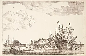 To skibe bag en bølgebryder, det ene kølhalet by Reinier Zeeman