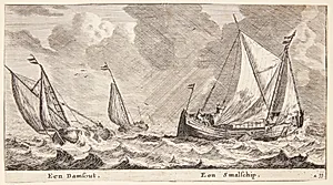 To skibe i oprørt hav. En "damschuit" og et "smalschip" by Reinier Zeeman